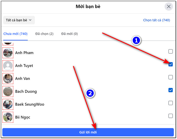 Chọn bạn bè cần mời like rồi nhấn nút Gửi lời mời