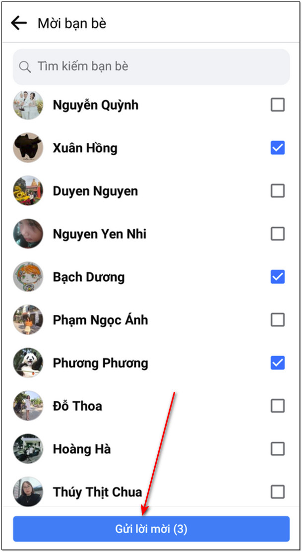 Chọn từng bạn bè để mời hoặc chọn tất cả