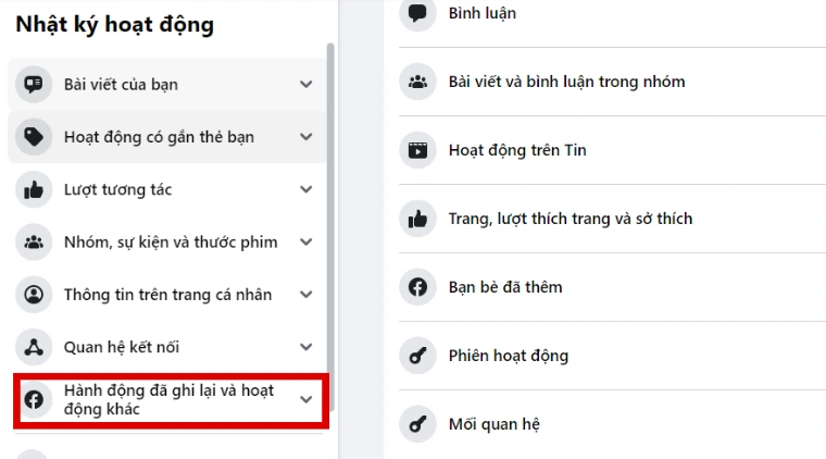 Chọn mục hành động đã ghi lại và hoạt động khác