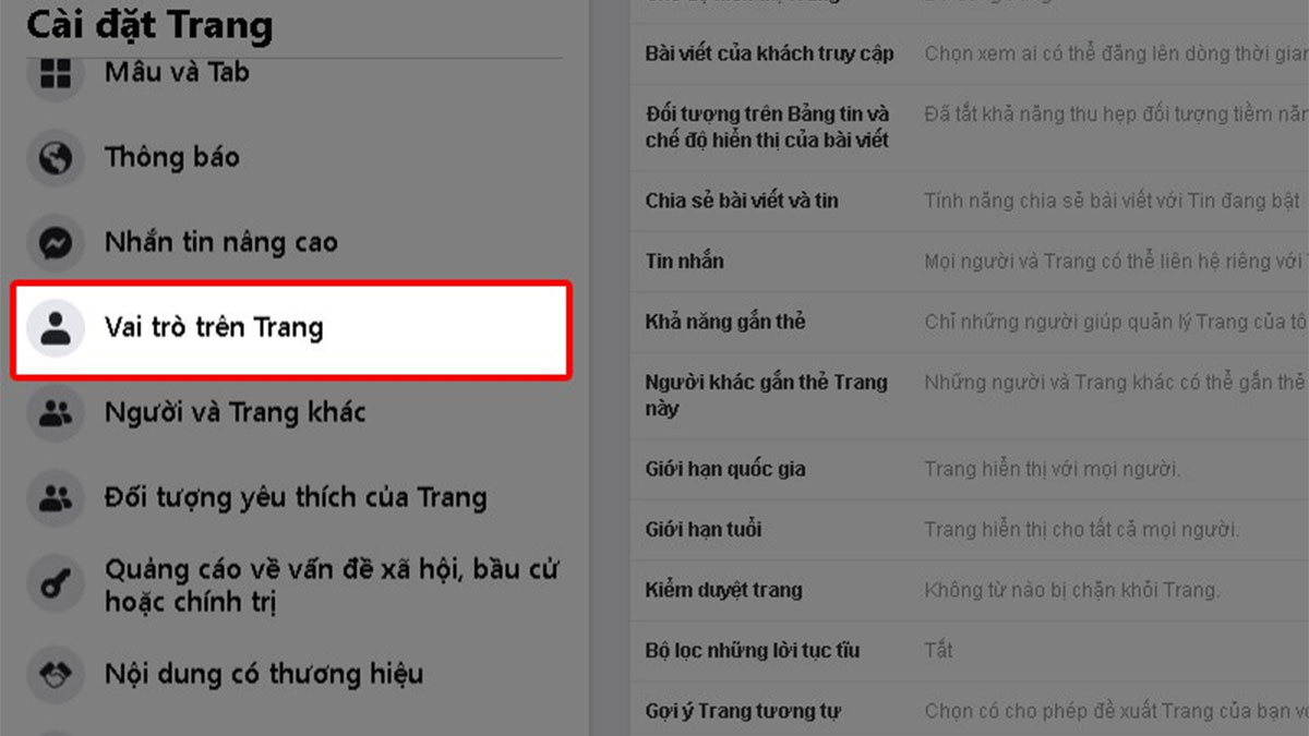 Click Vai trò trên trang.