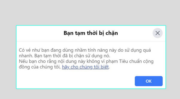 Thông báo bị chặn like facebook