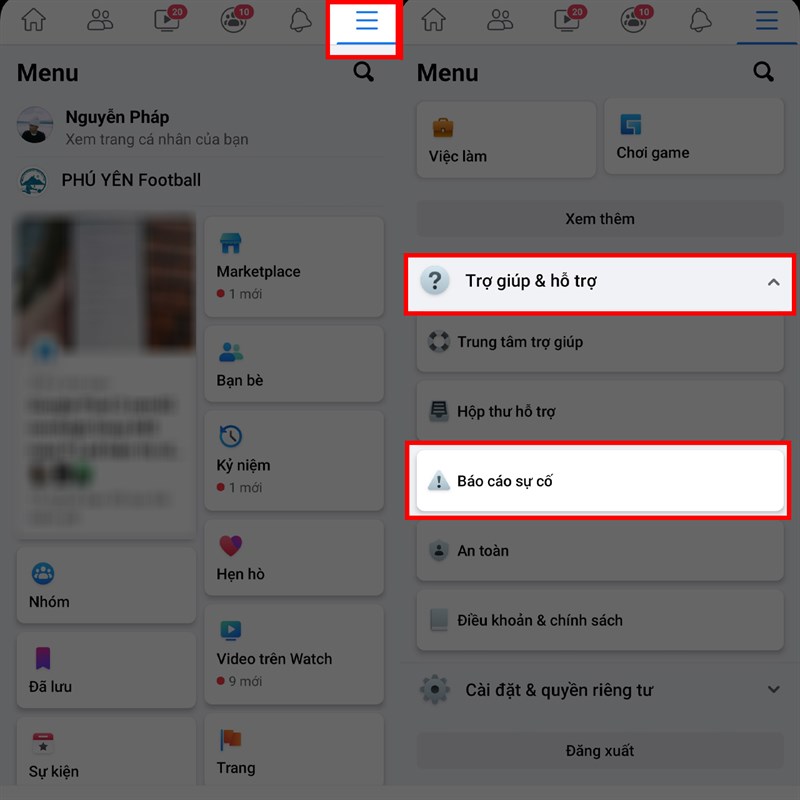 Báo cáo sự cố messenger với Facebook